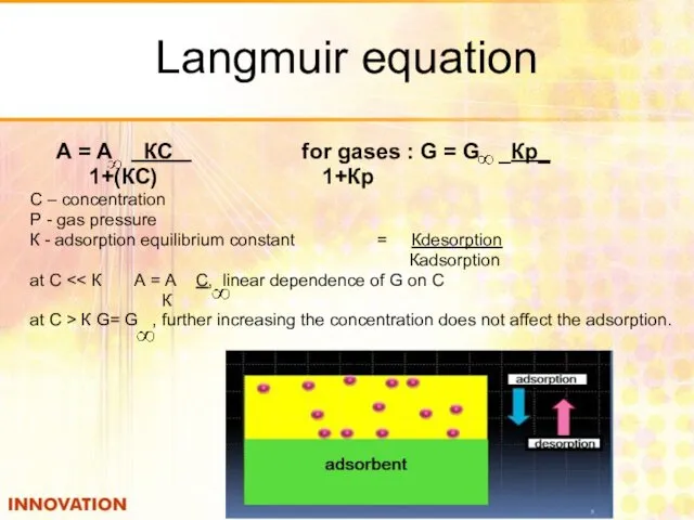 Langmuir equation А = А КС for gases : G =