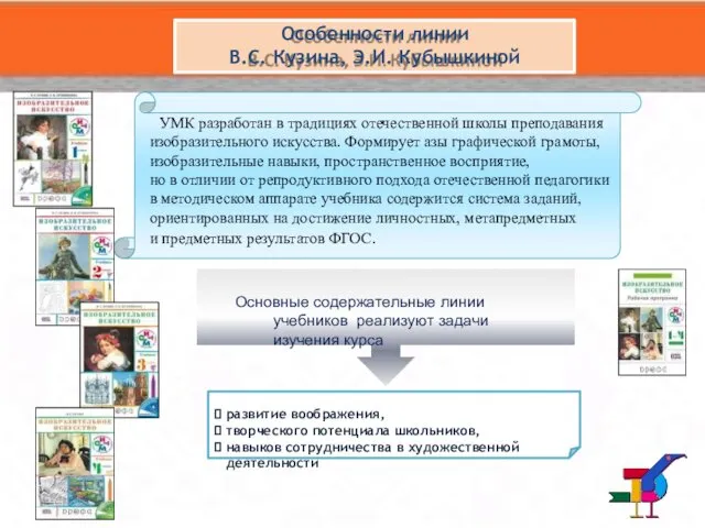 Особенности линии В.С. Кузина, Э.И. Кубышкиной УМК разработан в традициях отечественной