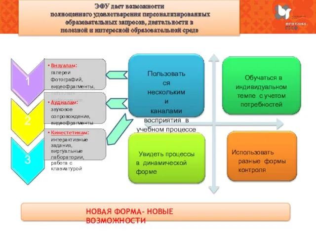 Пользоваться несколькими каналами восприятия в учебном процессе Обучаться в индивидуальном темпе