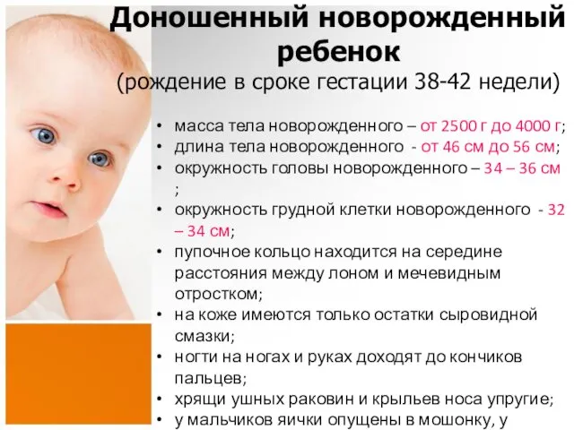 Доношенный новорожденный ребенок (рождение в сроке гестации 38-42 недели) масса тела