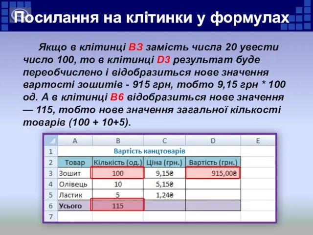 Якщо в клітинці BЗ замість числа 20 увести число 100, то