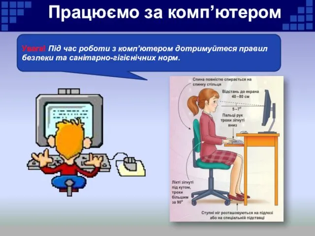 Працюємо за комп’ютером Увага! Під час роботи з комп’ютером дотримуйтеся правил безпеки та санітарно-гігієнічних норм.