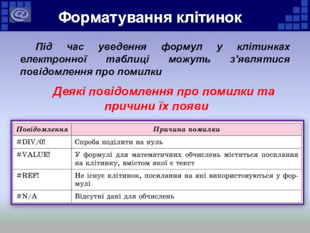 Форматування клітинок Під час уведення формул у клітинках електронної таблиці можуть