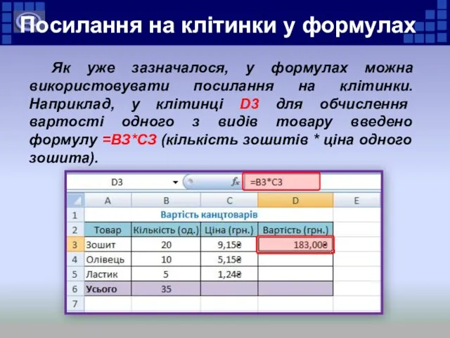 Посилання на клітинки у формулах Як уже зазначалося, у формулах можна