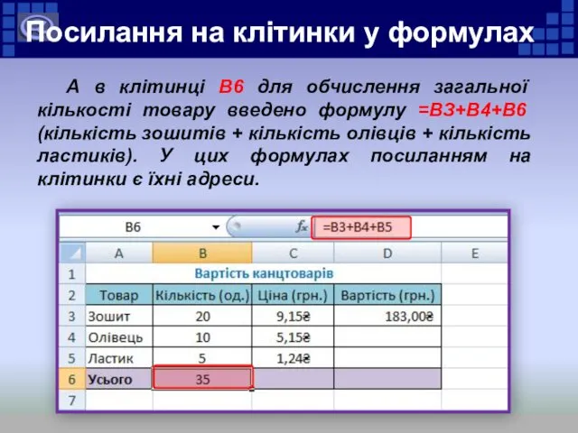 Посилання на клітинки у формулах А в клітинці В6 для обчислення