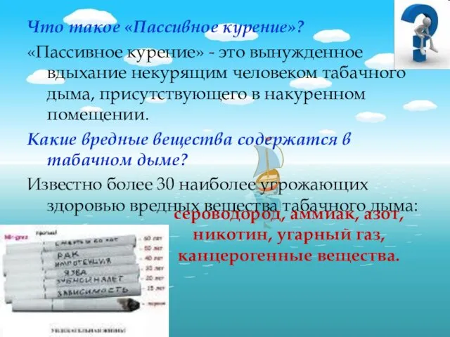 Что такое «Пассивное курение»? «Пассивное курение» - это вынужденное вдыхание некурящим