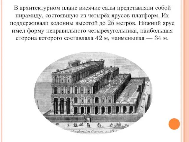 В архитектурном плане висячие сады представляли собой пирамиду, состоявшую из четырёх