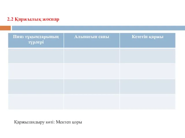 2.2 Қаржылық жоспар Қаржыландыру көзі: Мектеп қоры