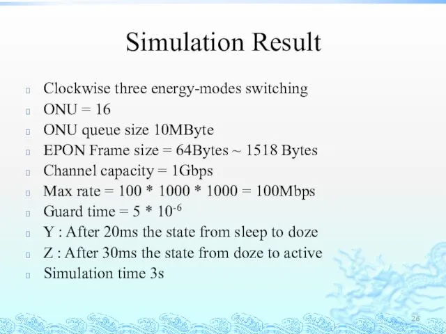 Simulation Result Clockwise three energy-modes switching ONU = 16 ONU queue