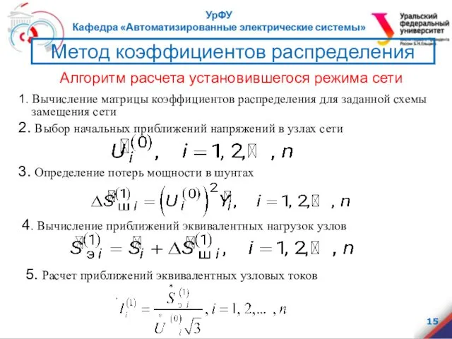 Метод коэффициентов распределения Алгоритм расчета установившегося режима сети 2. Выбор начальных