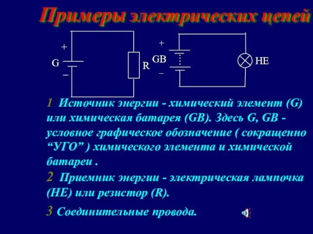 Примеры электрических цепей 1 Источник энергии - химический элемент (G) или