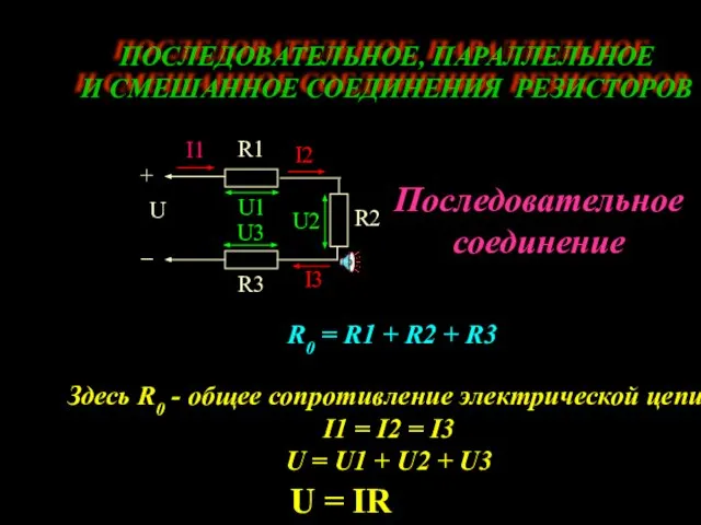 ПОСЛЕДОВАТЕЛЬНОЕ, ПАРАЛЛЕЛЬНОЕ И СМЕШАННОЕ СОЕДИНЕНИЯ РЕЗИСТОРОВ Последовательное соединение R0 = R1