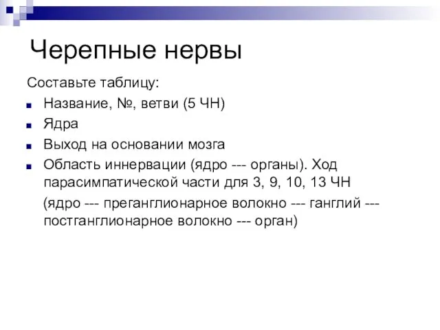 Черепные нервы Составьте таблицу: Название, №, ветви (5 ЧН) Ядра Выход