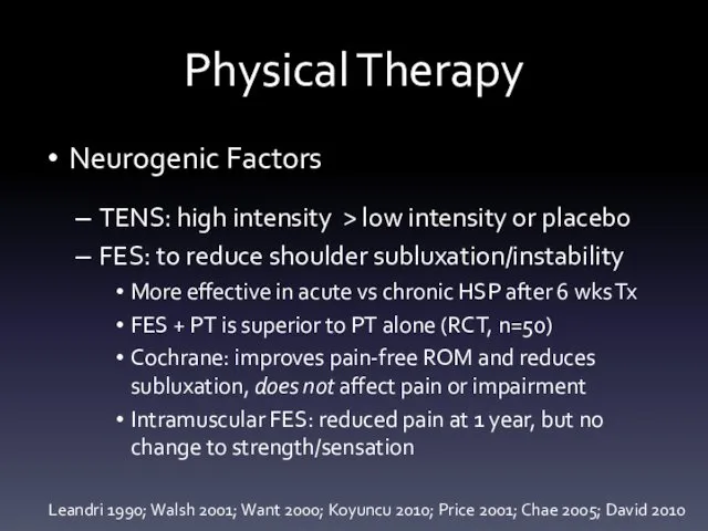 Physical Therapy Neurogenic Factors TENS: high intensity > low intensity or