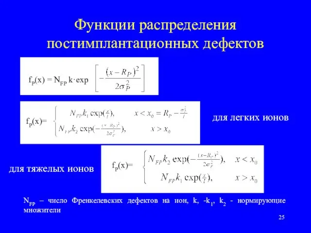 Функции распределения постимплантационных дефектов fP(x) = NFP k·exp NFP – число