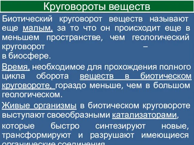 Биотический круговорот веществ называют еще малым, за то что он происходит