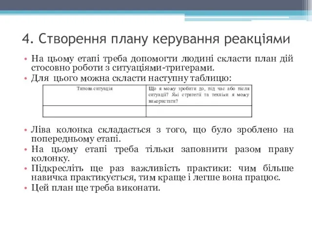 4. Створення плану керування реакціями На цьому етапі треба допомогти людині