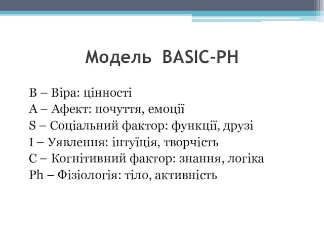 Модель BASIC-PH B – Віра: цінності А – Афект: почуття, емоції