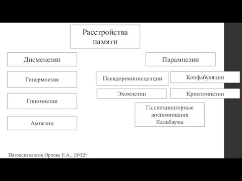 Расстройства памяти Дисменезии Парамнезии Гипермнезия Гипомнезия Амнезии Псевдореминисценции Конфабуляции Криптомнезии Эхомнезии