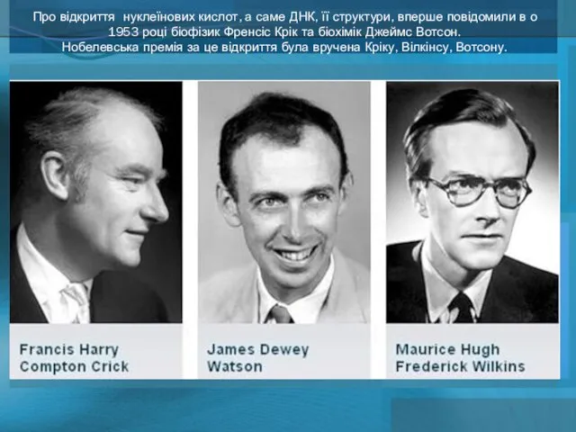 Про відкриття нуклеїнових кислот, а саме ДНК, її структури, вперше повідомили