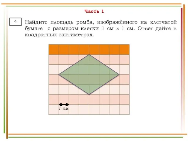 Часть 1 Найдите площадь ромба, изображённого на клетчатой бумаге с размером