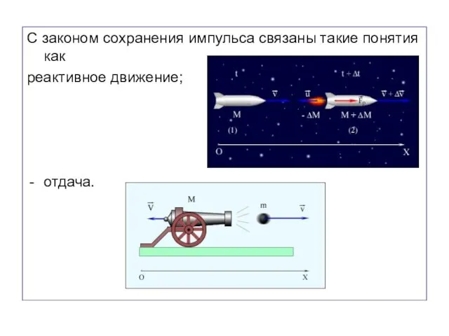 С законом сохранения импульса связаны такие понятия как реактивное движение; отдача.