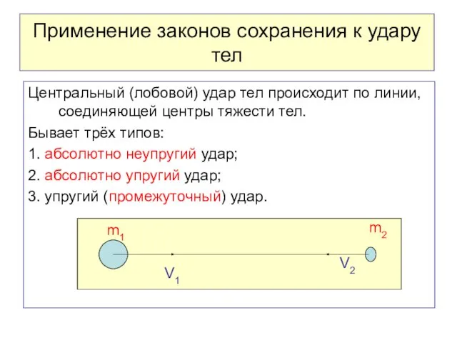 Применение законов сохранения к удару тел Центральный (лобовой) удар тел происходит