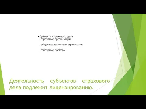 Деятельность субъектов страхового дела подлежит лицензированию. Субъекты страхового дела страховые организации общества взаимного страхования страховые брокеры