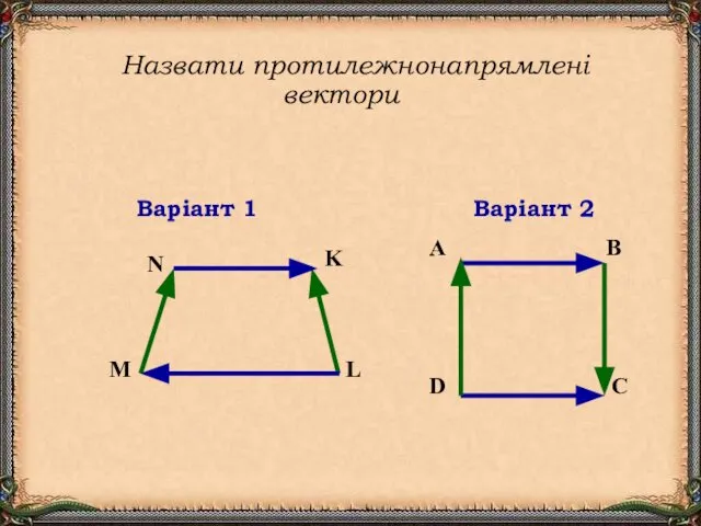 Варіант 1 Варіант 2 A B D C N K L M Назвати протилежнонапрямлені вектори