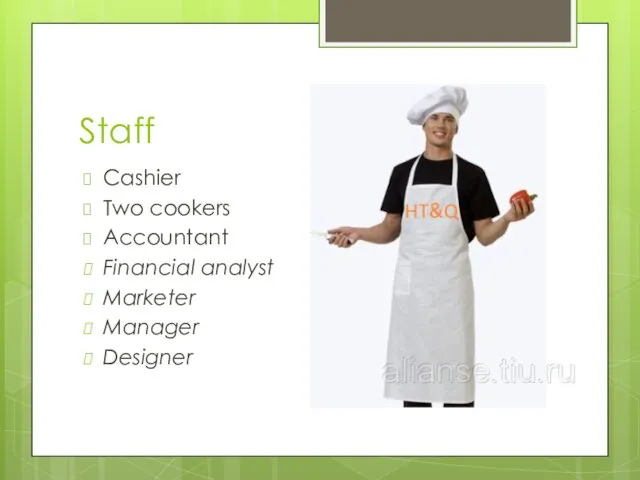 Staff Cashier Two cookers Accountant Financial analyst Marketer Manager Designer