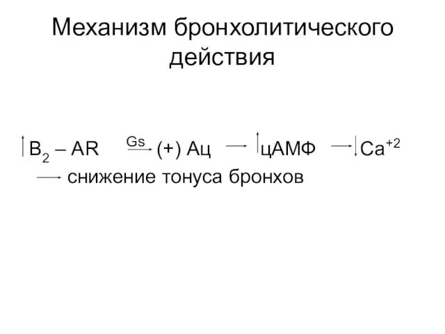 Механизм бронхолитического действия B2 – АR Gs (+) Ац цАМФ Са+2 снижение тонуса бронхов