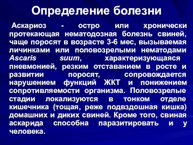 Определение болезни Аскариоз - остро или хронически протекающая нематодозная болезнь свиней,