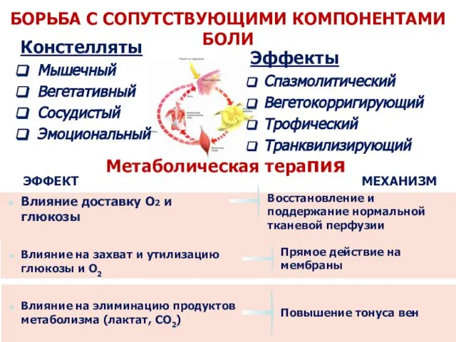 БОРЬБА С СОПУТСТВУЮЩИМИ КОМПОНЕНТАМИ БОЛИ Констелляты Мышечный Вегетативный Сосудистый Эмоциональный Эффекты