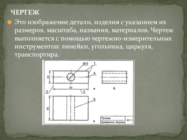 ЧЕРТЕЖ Это изображение детали, изделия с указанием их размеров, масштаба, названия,