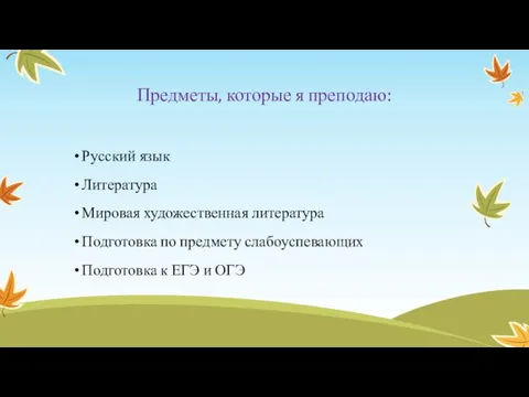 Предметы, которые я преподаю: Русский язык Литература Мировая художественная литература Подготовка