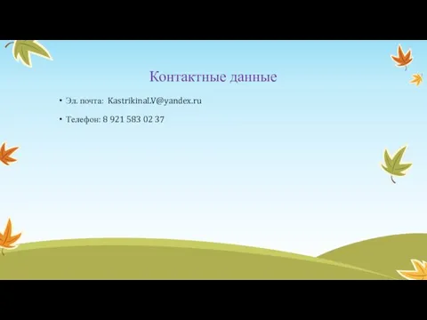 Контактные данные Эл. почта: KastrikinaLV@yandex.ru Телефон: 8 921 583 02 37