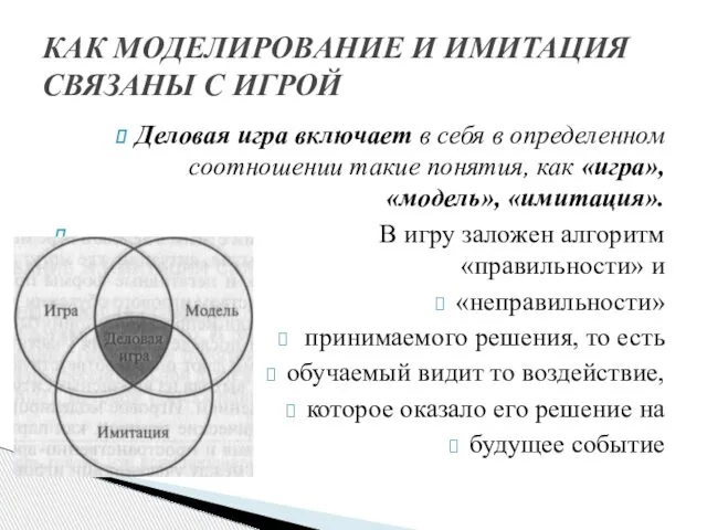 Деловая игра включает в себя в определенном соотношении такие понятия, как