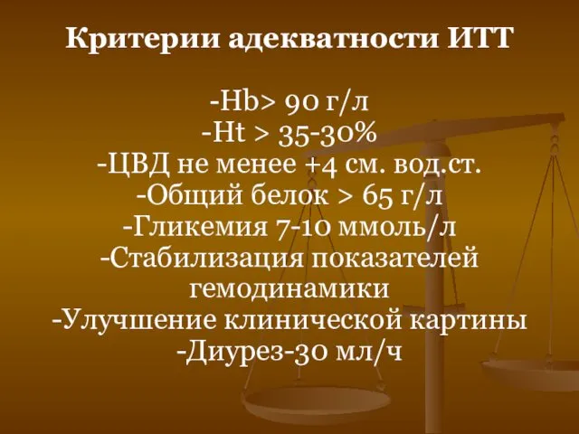 Критерии адекватности ИТТ -Нb> 90 г/л -Ht > 35-30% -ЦВД не