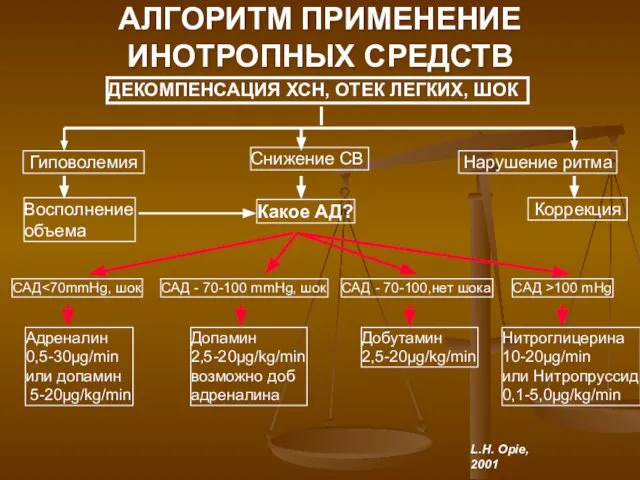 АЛГОРИТМ ПРИМЕНЕНИЕ ИНОТРОПНЫХ СРЕДСТВ ДЕКОМПЕНСАЦИЯ ХСН, ОТЕК ЛЕГКИХ, ШОК Гиповолемия Снижение