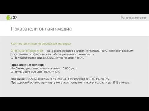 Показатели онлайн-медиа Рыночные метрики Количество кликов на рекламный материал CTR (Click