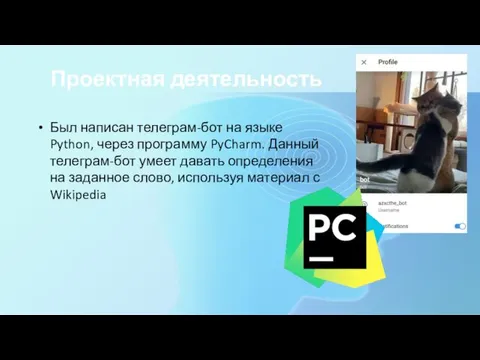 Проектная деятельность Был написан телеграм-бот на языке Python, через программу PyCharm.