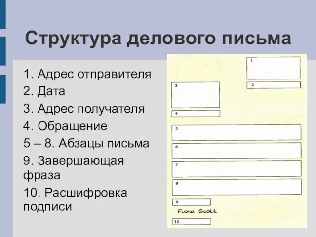 Структура делового письма 1. Адрес отправителя 2. Дата 3. Адрес получателя