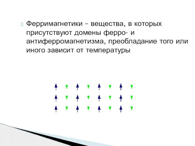 Ферримагнетики – вещества, в которых присутствуют домены ферро- и антиферромагнетизма, преобладание