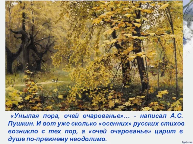 «Унылая пора, очей очарованье»… - написал А.С. Пушкин. И вот уже