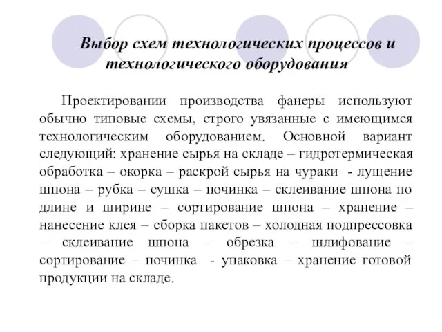 Выбор схем технологических процессов и технологического оборудования Проектировании производства фанеры используют