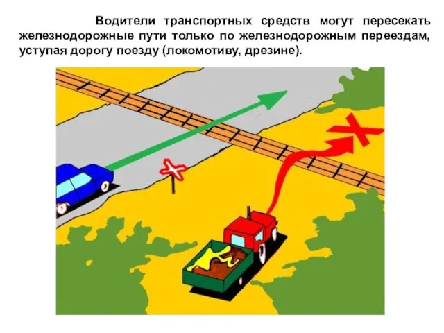 Водители транспортных средств могут пересекать железнодорожные пути только по железнодорожным переездам, уступая дорогу поезду (локомотиву, дрезине).