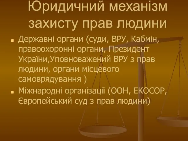 Юридичний механізм захисту прав людини Державні органи (суди, ВРУ, Кабмін, правоохоронні