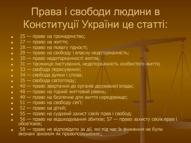 Права і свободи людини в Конституції України це статті: 25 —