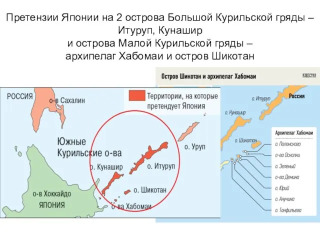 Претензии Японии на 2 острова Большой Курильской гряды – Итуруп, Кунашир