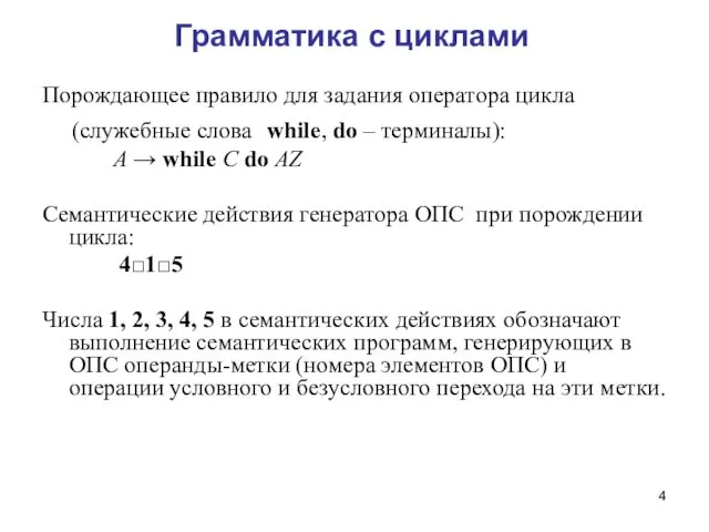 Грамматика с циклами Порождающее правило для задания оператора цикла (служебные слова